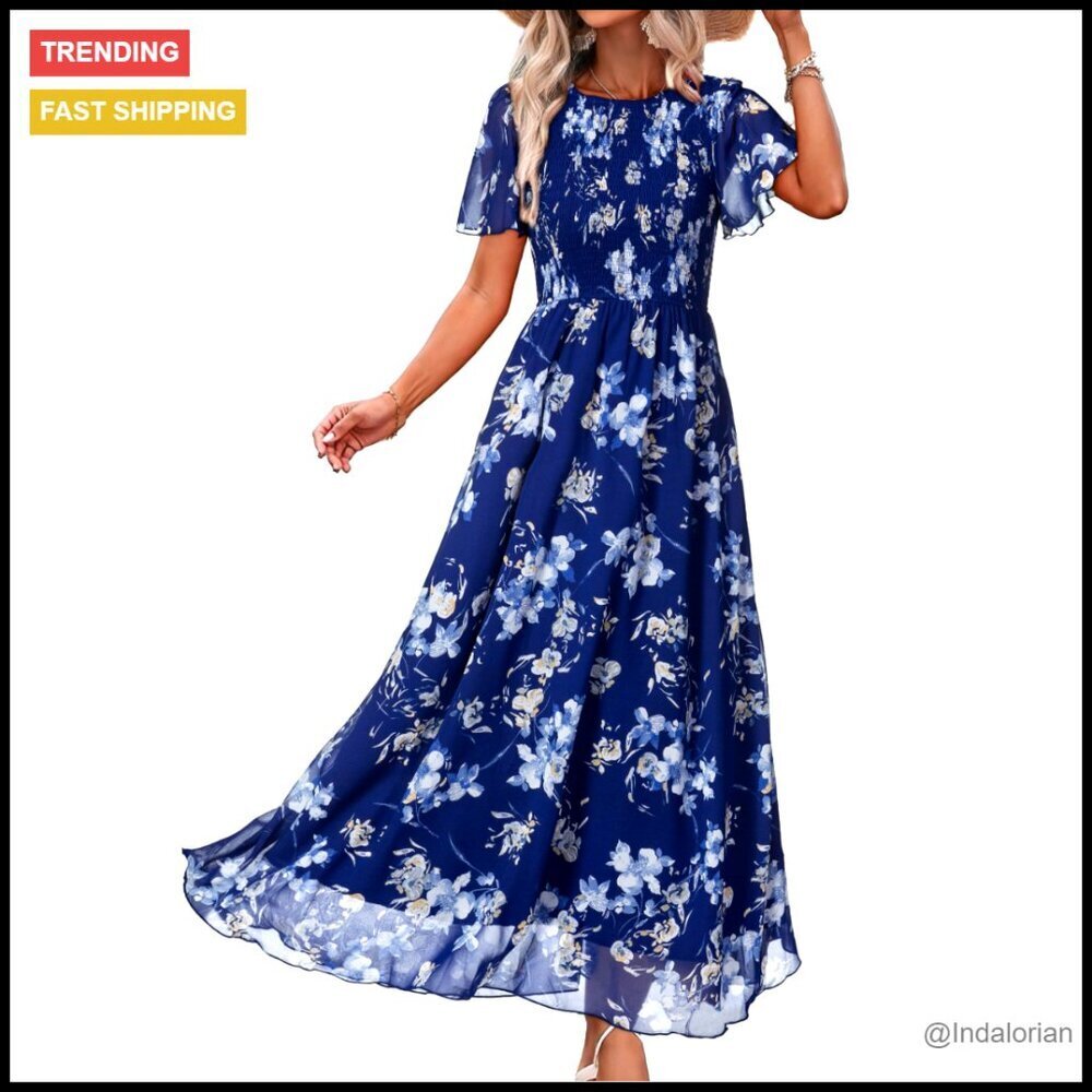 Flowy Chiffon Maxi Dress Smocked Top Flutter Sleeve Boho Elegant Summer Formal
